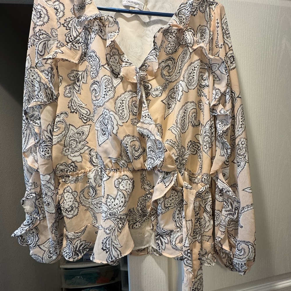 Calvin Klein Paisley Ruffle Blouse - Light pink and White